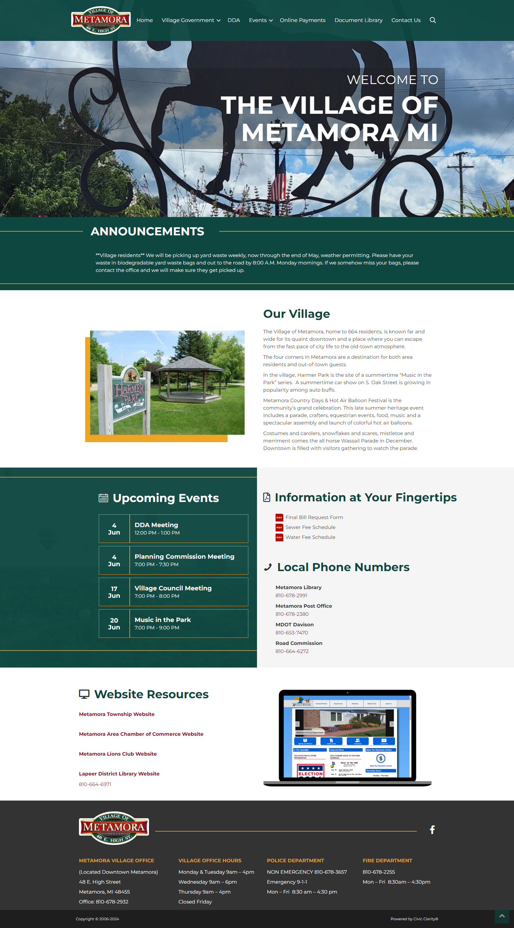 Metamora MI village homepage with announcements and community events.