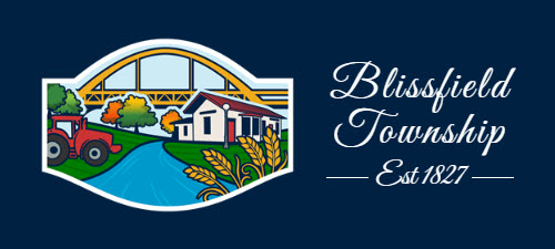 Logo of Blissfield Township featuring bridge, farm, and river.