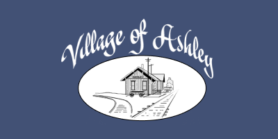 Logo of Village of Ashley with train station illustration