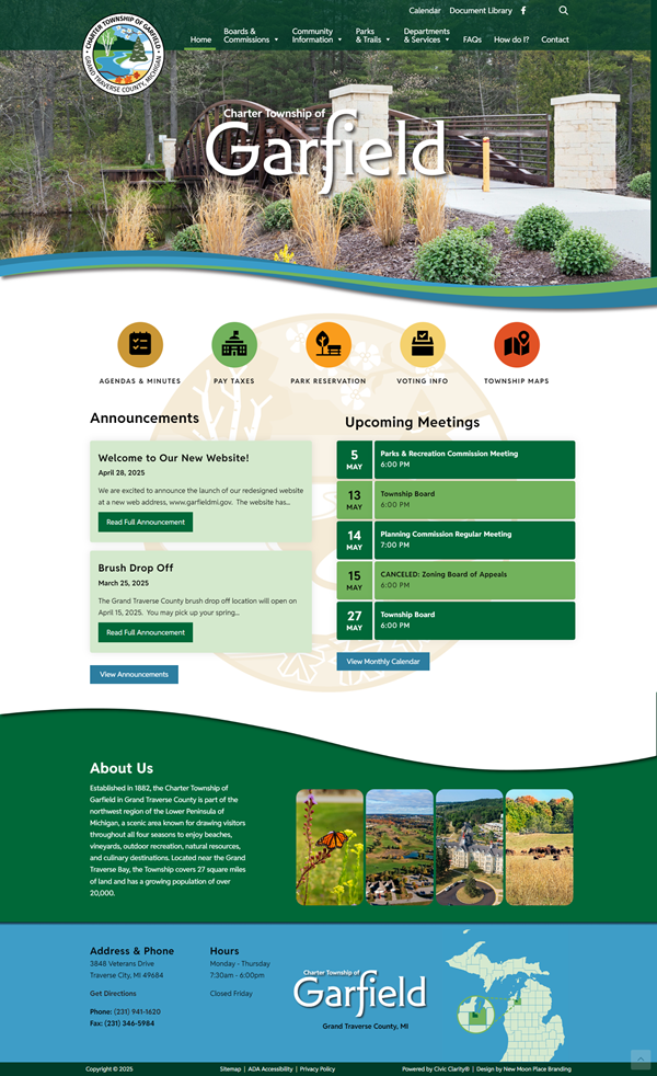 Screenshot of Garfield Township's official website homepage.