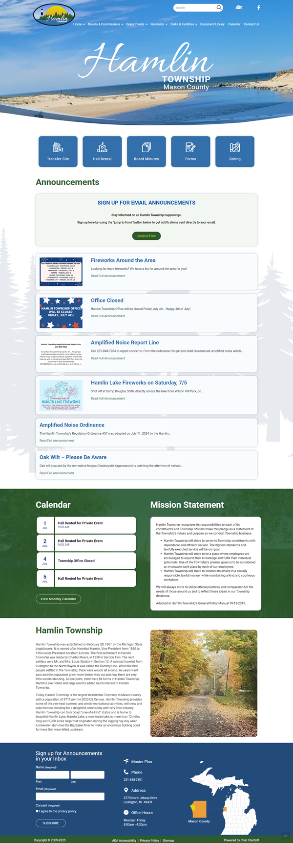 Hamlin Township website homepage with navigation and announcements