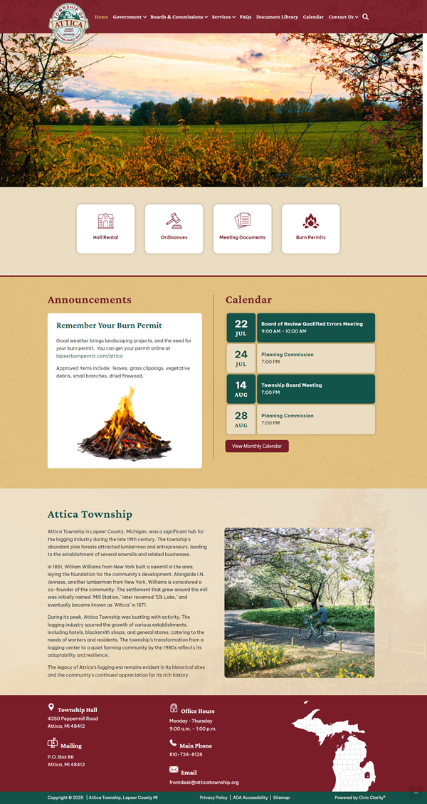 Screenshot of Attica Township website homepage.