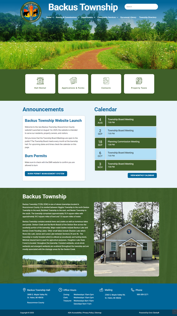 Backus Township website homepage with announcements and calendar