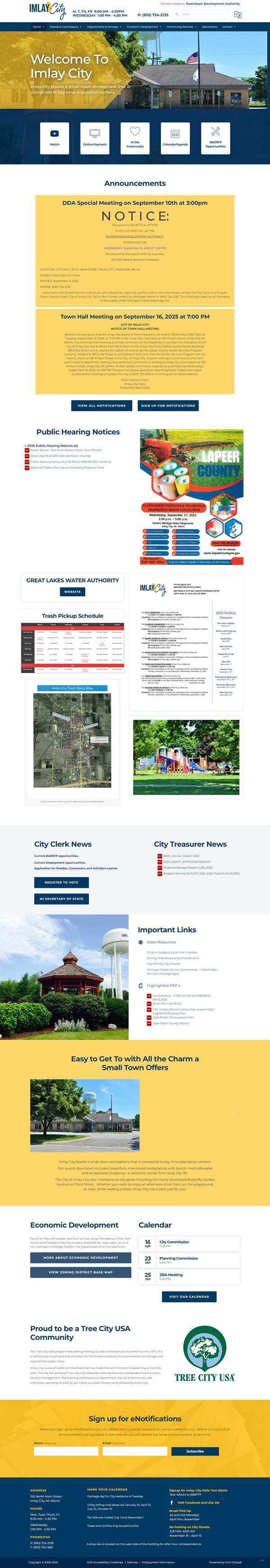 Homepage of Imlay City with announcements and services.