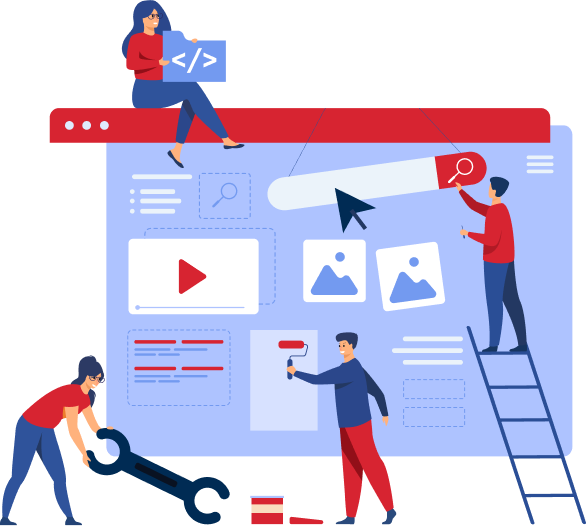 Illustration of web development and design teamwork.