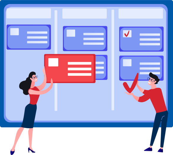 Two people organizing task cards on a board.