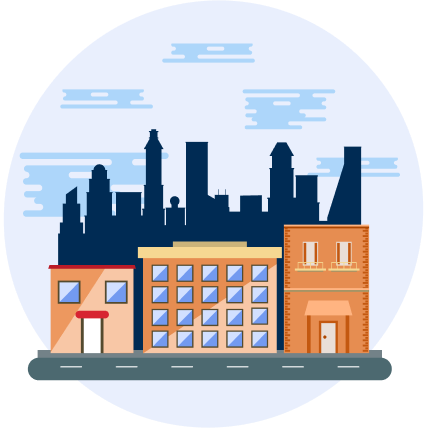 Illustration of a city skyline with buildings.