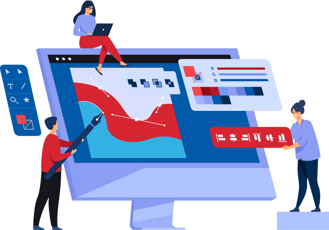 Graphic designers working on colorful digital projects.