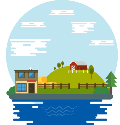 Illustration of a farm near a river.