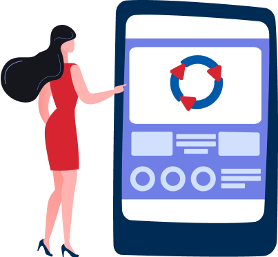 Woman interacting with a mobile app interface.