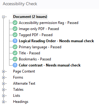 Accessibility check report with issues listed.